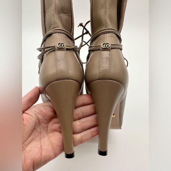 Gucci Indya Tie Ankle Boots Leather High Heel Pleated Bootie in Mud EU 37 US 7 - Picture 4 of 10